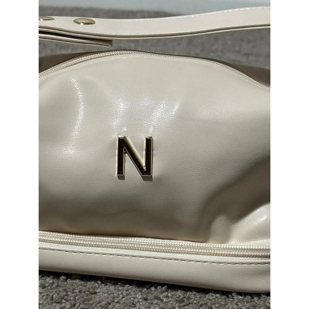 N Initial Cream synthetic Leather Cosmetic  Bag Gold Tone Hardware Makeup Case